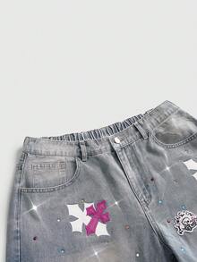 ROMWE Grunge Punk Plus Size Women's Vintage Punk Cross Embroidery Rhinestone Loose Wide Leg Denim Jeans, Slimming Versatile Casual Long Pants - Blue - View 3