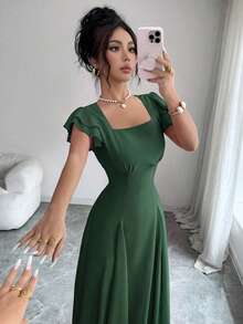 Modelyn 女款設計師方領開衩三角中長洋裝 - 墨綠色 - 查看 3