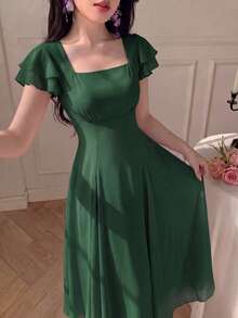Modelyn 女款設計師方領開衩三角中長洋裝 - 墨綠色 - 查看 5
