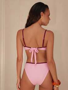 SHEIN Swim Women's Summer Beach Party Solid Color Knit Jacquard Shell Flower Scalloped Edge Spaghetti Strap Bikini Set Casual Sexy Vacation Pink Striped - Pink - View 2