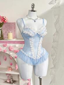 SHEIN 粉色網紗蕾絲飾邊浪漫柔美連身褲 - 淺藍色 - 查看 4