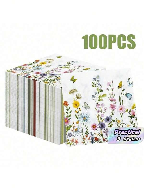 100/60/20 قطعة مناديل ورقية مطبوعة بنقوش فراشات وزهور بحجم 13 * 13 بوصة، تستخدم لحفلات أعياد الميلاد والتجمعات العائلية وحفلات الزفاف وديكور الفنادق والمطاعم