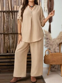 EMERY ROSE Plus Size Women Solid Color Rolled Sleeve Shirt And Pants Casual 2 Pieces Set - Khaki - View 9