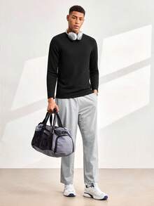 Driftmere Men's Simple Fashionable Ribbed Texture Pullover Long Sleeve Tee, For Fall - Black - View 3