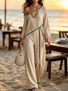 SHEIN Jumpsuit Wanita Musim Semi/Panas/Gugur Motif Aprikot Bertekstur Bahu Asimetris dengan Garis Kontras Hitam, Lengan Panjang, dan Potongan Pinggang Lebar - Aprikot - View 7