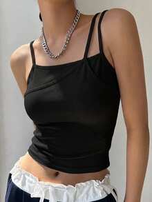 FRIFUL Women's Summer Solid Color Asymmetrical Camisole Top - Black - View 4