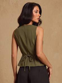 SHEIN Glamour Fashionable Minimalist French Elegant Olive Green White New Front Button Placket Sleeveless Metal Button Decor Shoulder Strap Women's Thin Blazer Vest - Army Green - View 4