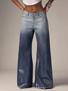 Denimoi Women's Gradient Color Casual Daily Wear Denim Jeans With Pockets And Buttons, Going Out Metallic, Cool Girl Jeans - Silver - View 2
