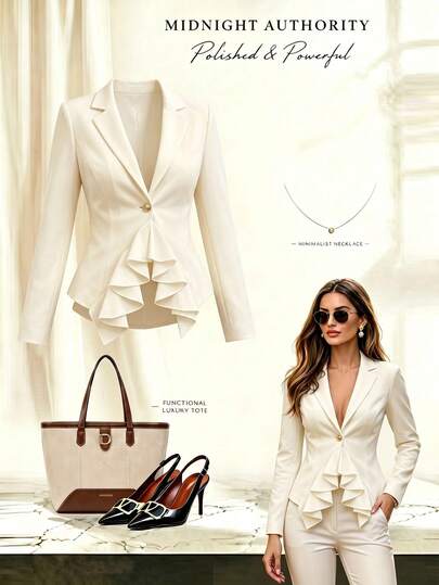 SHEIN Elenzya Women's Fitted Blazer Jacket, Notched Lapel, Single Gold Button, Ruffle Peplum Hem, Long Sleeve, Slim Tailored Fit, Elegant Business Work Outerwear