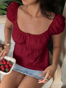 SHEIN EZwear 女款素色百褶休閒百搭日常穿著襯衫 - 紅色 - 查看 6