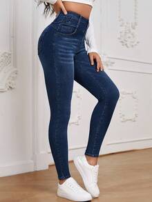 EMERY ROSE Solid Color Front Button Fitted Pockets Casual Versatile Jeans - Dark Wash - View 5