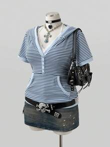 Sunspun Plus Size Women's Striped Short Sleeve Button Design Hooded Sweatshirt - Multicolor - View 7