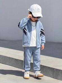 Bộ áo khoác sweatshirt cổ đứng vạt mở và quần dài trẻ em cho bé trai, phong cách thể thao thường ngày thoải mái, màu xanh phối mảng màu, dáng rộng, 2 món, phù hợp đi chơi, đi học, tụ tập hàng ngày, mùa thu/đông - Màu xanh lam - Xem 2
