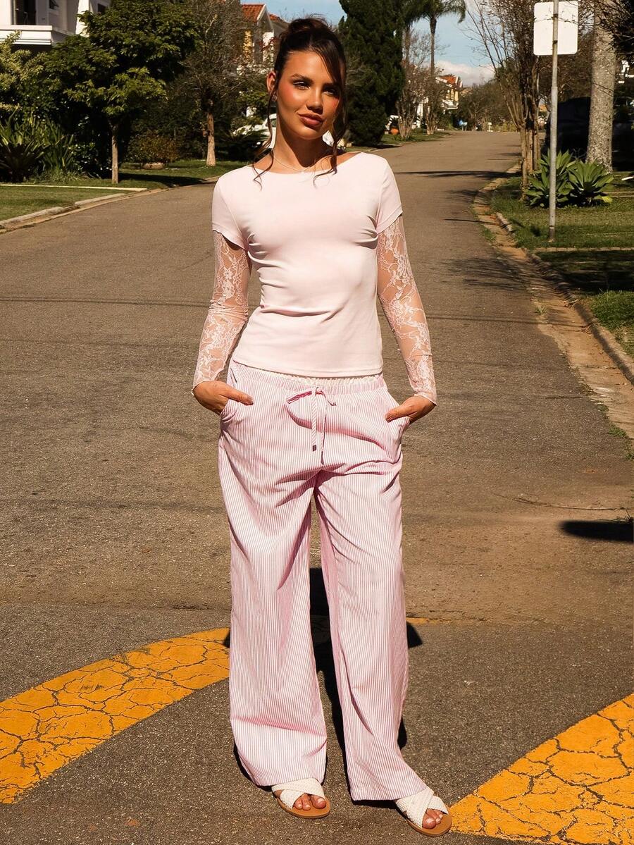 Vivi Wanderley Blusa de mujer de manga larga 2 en 1 de punto ligero con patchwork de encaje rosa, blusa transparente rosa, blusa de encaje rosa, blusa de manga larga rosa, casual - Rosa Pálido - Ver 1