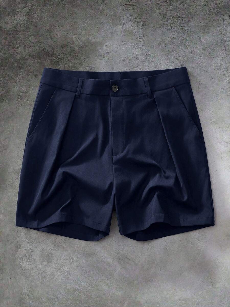 HIMLAND 男士純色鈕扣休閒百搭日常旅行短褲 - 藏蓝色 - 查看 1
