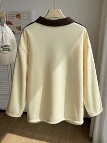 Comfortcana Plus Size Women's Casual Traditional Elegant Daily Wear Apricot Sweatshirt With Equestrian Pattern School College Formal Autumn Fall - Light Yellow - View 2