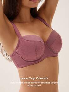 LUVLETTE Underwire Lightly Lined Rose Color Mesh Lace Push-Up Support Sheer Minimizer Lingerie Bra - Rusty Rose - View 4