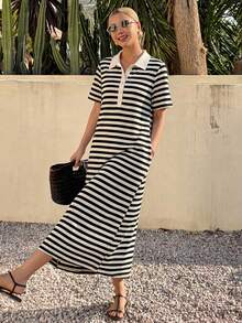 Livesso Ladies' Striped Straight Long Dress Sundress, Casual Women Dress - Black and White - View 4