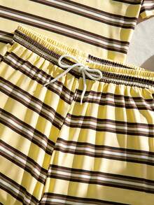 SHEIN 青少年女孩夏季休閒條紋T恤短褲套裝 - 黃色 - 查看 3