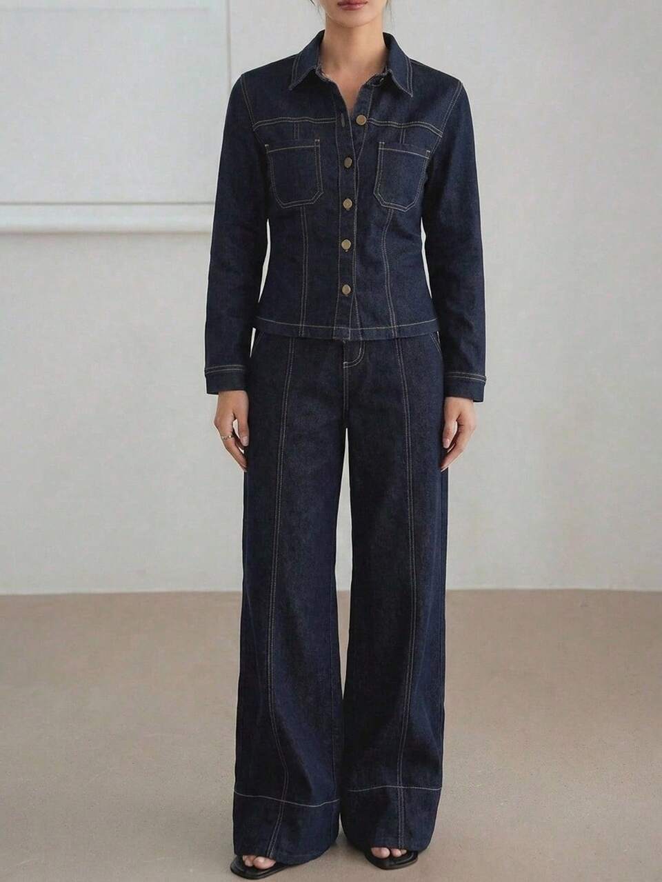 Women's Denim Set With Cotton Turn-Down Collar Long Sleeve Button-Up Dark Wash Blue Contrast Stitching Cropped Top And Wide Leg Pants Fall