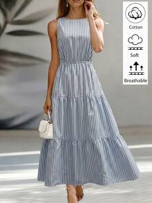 Louniche 女款夏季休閒時尚條紋印花無袖A字版型棉混紡洋裝，適合度假與夏季穿著，適用於女性派對、外出、婚禮季、通勤上班、商務優雅、畢業季、開學季、教師節、感恩節，條紋印花無袖長洋裝 - 彩色 - 查看 3