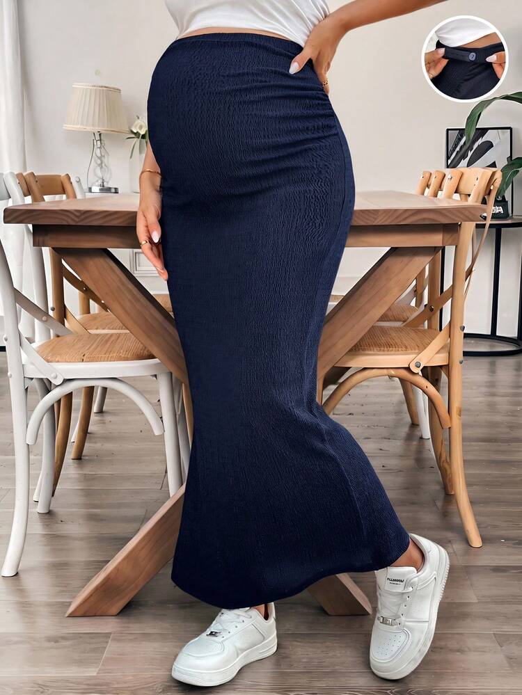 SHEIN Maternity Adjustable Waist Fashion Pleated Side Slit Skirt Fall - Navy Blue - View 3