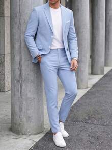 Manfinity Bizformal 男士商務休閒通勤夾克與長褲套裝 - 淺藍色 - 查看 6