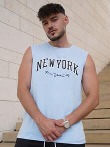 LEOGASHI Men's Casual Letter Print Wide Strap Sleeveless Top, Holiday - Blue - View 4
