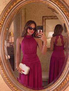 Sunnyshic Women's Summer Burgundy Knitted High Elastic Dress Mid-Neck Halter Tie Back Open Back Cinched Waist A-Line Elegant Tea Party Dinner Date Wedding - Burgundy - View 6