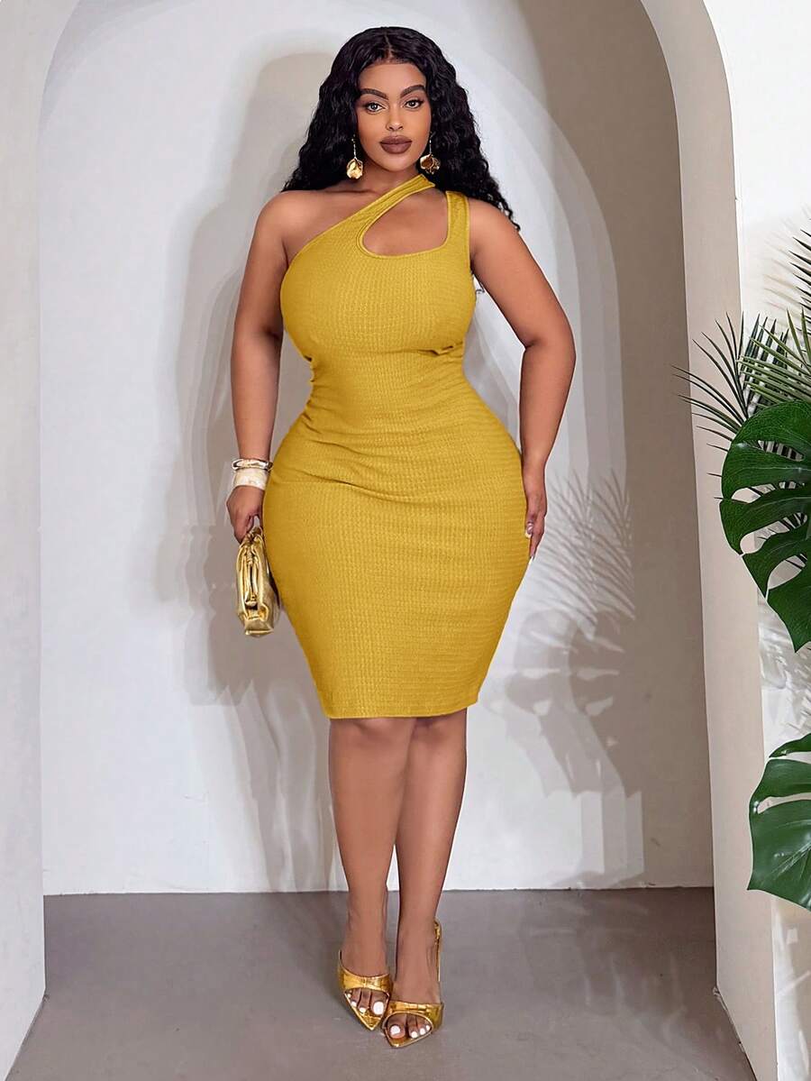 Veslaya 2026 Spring/Summer Women's Plus Size Yellow Textured Elastic Asymmetric Strap Fitted Short Dress - Yellow - View 1