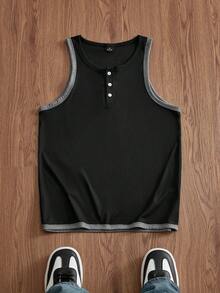 ESTAVOR 男士夏季休閒修身圓領背心 T-shirt 標準尺寸 黑色灰色拼接素色 - 黑色 - 查看 2