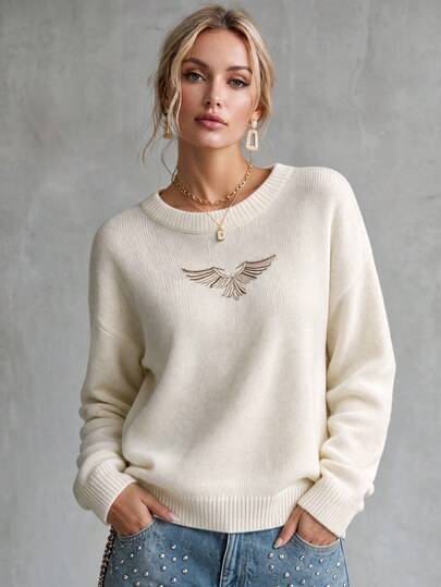 Balvessa Women's Casual Short Crew Neck Sweater With Wing Embroidery On Chest, Dropped Shoulder, Loose Fit, Long Sleeve, Ribbed Hem