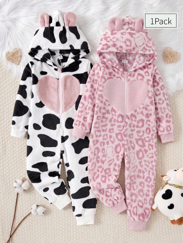 Young Girls' Cute Minimalist Black Leopard Print Watermark Flannel Patchwork Heart Hoodie Small Ears Plush Long Sleeve Romper Loungewear Autumn/Winter