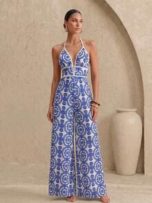 Swim Oasis Women's Vacation Botanical Print Wide Leg Halter Neck Jumpsuit Blue And White Summer European Tropical - Black and White - View 1