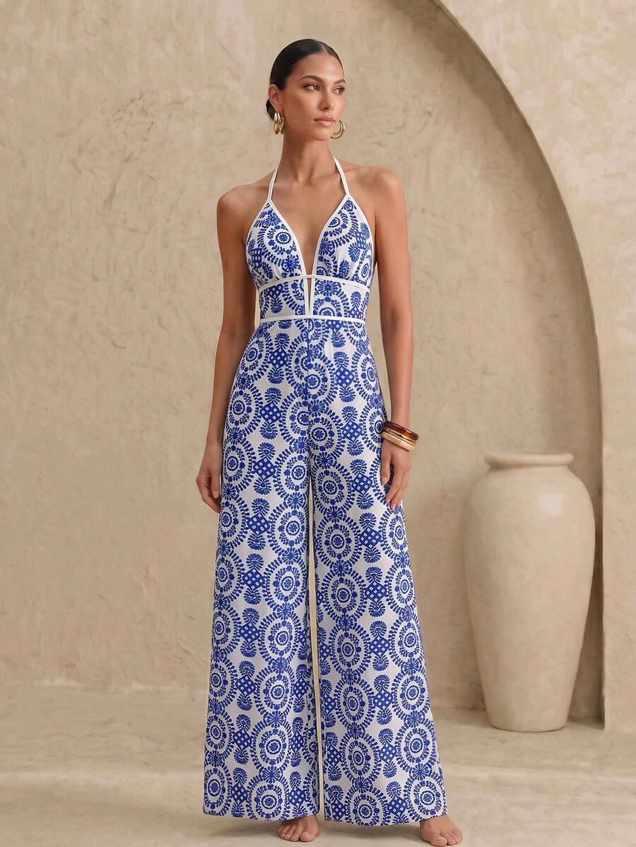 Swim Oasis Women's Vacation Botanical Print Wide Leg Halter Neck Jumpsuit Blue And White Summer European Tropical - Black and White - View 1