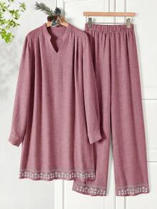 Rusticease Plus Size Minimalist Embroidered Textured Dress And Loose Casual Pants 2 Pieces Set Formal Vacation White Autumn Fall Clothes - Dusty Pink - View 7