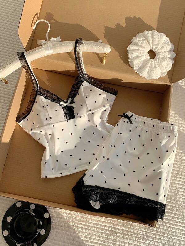 Comfortcana White & Black Polka Dot Print Lace Patchwork Bow Tie Women Pajama Set