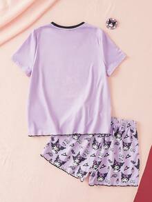 HELLO KITTY AND FRIENDS | SHEIN Tween Girl Cartoon Print Short Sleeve T-Shirt And Shorts Loungewear Set - Mauve Purple - View 2