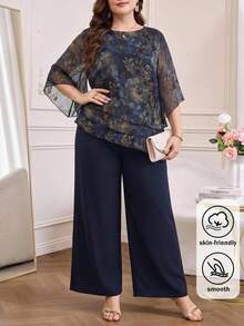 Reflora Plus Size Women's Round Neck Floral Print Top And Pants Casual Daily 2-Piece Set - Blue - View 2