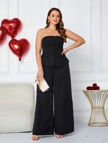 SHEIN Tall CURVE 大码女士优雅约会之夜纯色露肩西装外套套装，适合工作制服、办公室、仙女、美人鱼风格 - 黑色 - 查看 5