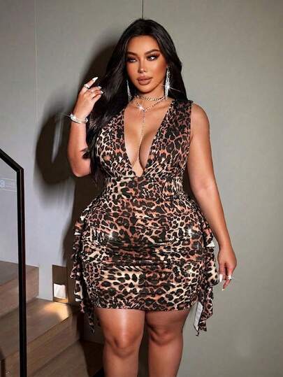NU&NOW Plus Size Sexy Country Leopard Print Deep V-Neck Fitted Dress, Summer Rave Cocktail Black Club Going Out