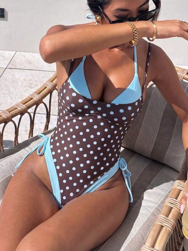 Bonvoyette Sexy Vintage Polka Dot One-Piece Women's Swimsuit, 2 In 1 Tie-Up Backless Vacation Swimsuit, Pure Desire Hot Girl Polka Dot Halter Neck Beach Swimsuit, Summer Vacation Beach Hot Spring Versatile Swimsuit, Bow Tie One-Piece Women's Swimsuit
