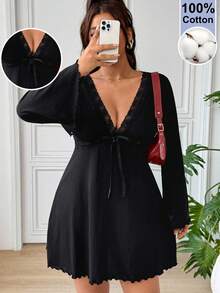 SHEIN EZwear 大尺碼女款蕾絲拼接蝴蝶結綁帶荷葉邊下擺洋裝 - 黑色 - 查看 2