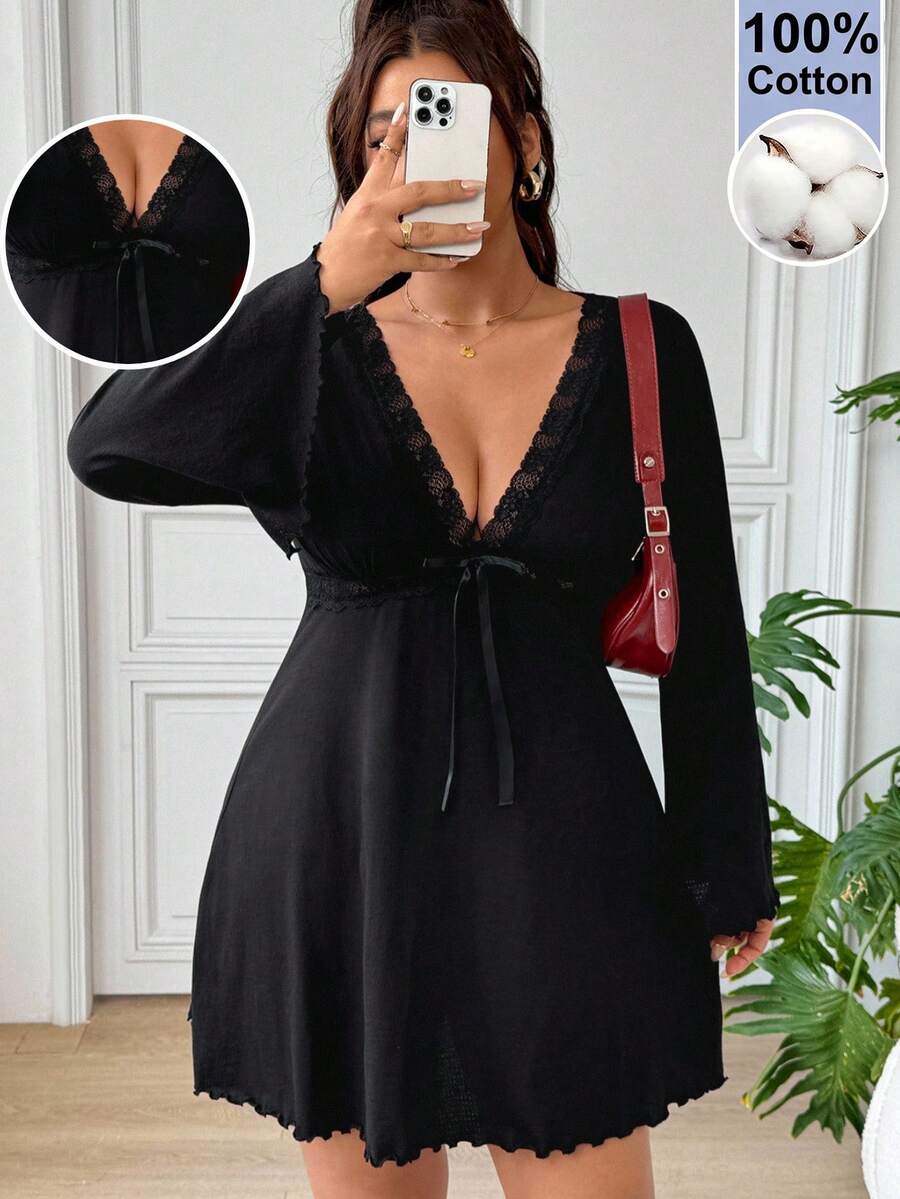 SHEIN EZwear Plus Size Women's Lace Patchwork Bow Tie Tie-Up Ruffle Hem Dress Fall - Black - View 1