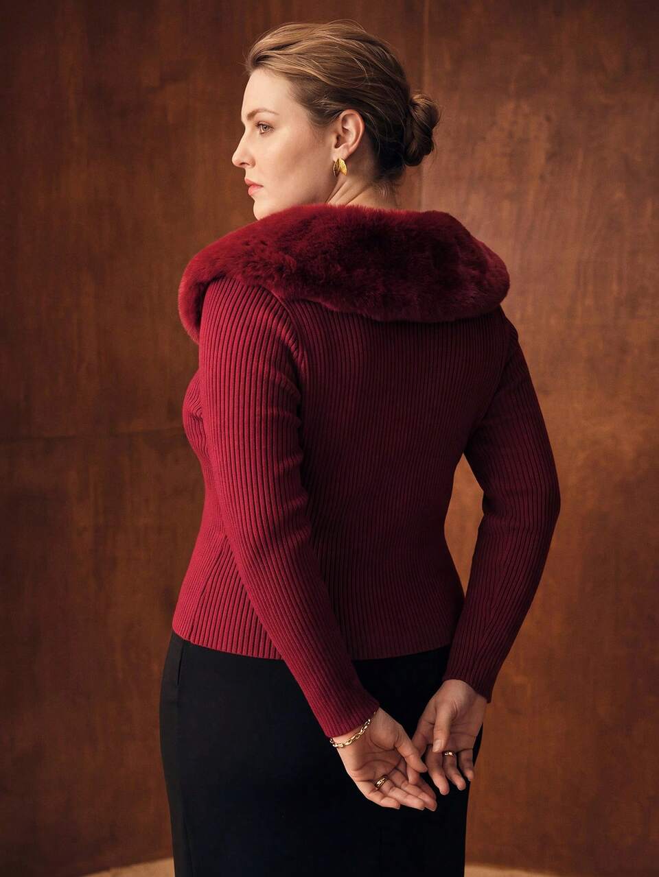 MOTF PLUS DETACHABLE FURRY COLLAR FITTED KNIT LONG SLEEVE CARDIGAN WINTER