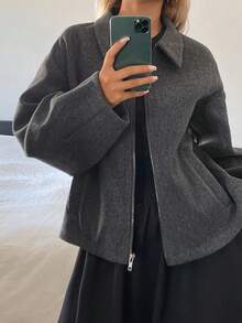 DAZY Women's Solid Color Loose Fit Lapel Zip-Up Long Sleeve Casual Streetwear Spring Autumn Wool Jacket - Grey - View 8