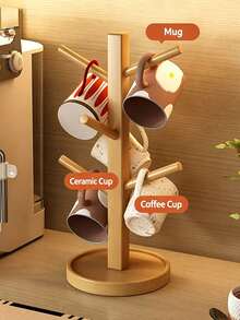 Brown-Colored Mug Tree-Shaped Storage Rack, Slip-Resistant And Stable, Sturdy Bamboo Coffee Cup Hanger With Hooks, Thick Base/Tabletop Coffee Cup Holder, Suitable For Tables, Coffee Areas, Kitchens, Versatile Storage. - Multicolor - View 10