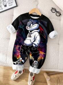 Young Boys Loose Sports Casual Comfortable Long Sleeve Sweatshirt & Pants 2 Pieces Set, Suitable For Autumn/Winter, Classic Cute Handsome Cartoon Rabbit Pattern Print - Multicolor - View 2