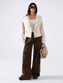 LYSMO Impermeabile da donna colore unito con colletto alto, alla moda, versatile per uso quotidiano e viaggi - Cachi - Visualizzare 3