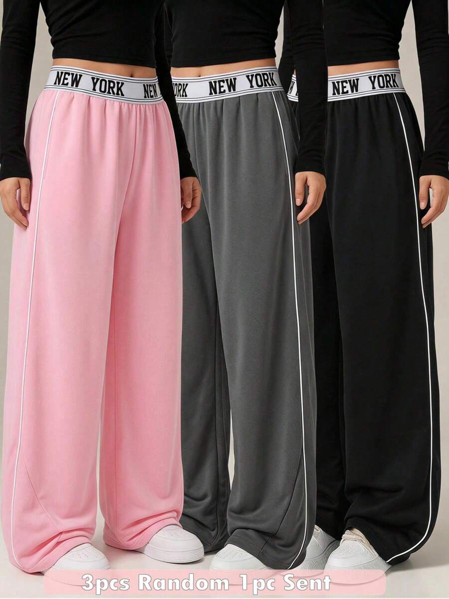 SHEIN Teen Girls Wide Leg Letter Print Casual Versatile Daily Wear Sweatpants, Fall, Back To School, Outfit - Black - View 1
